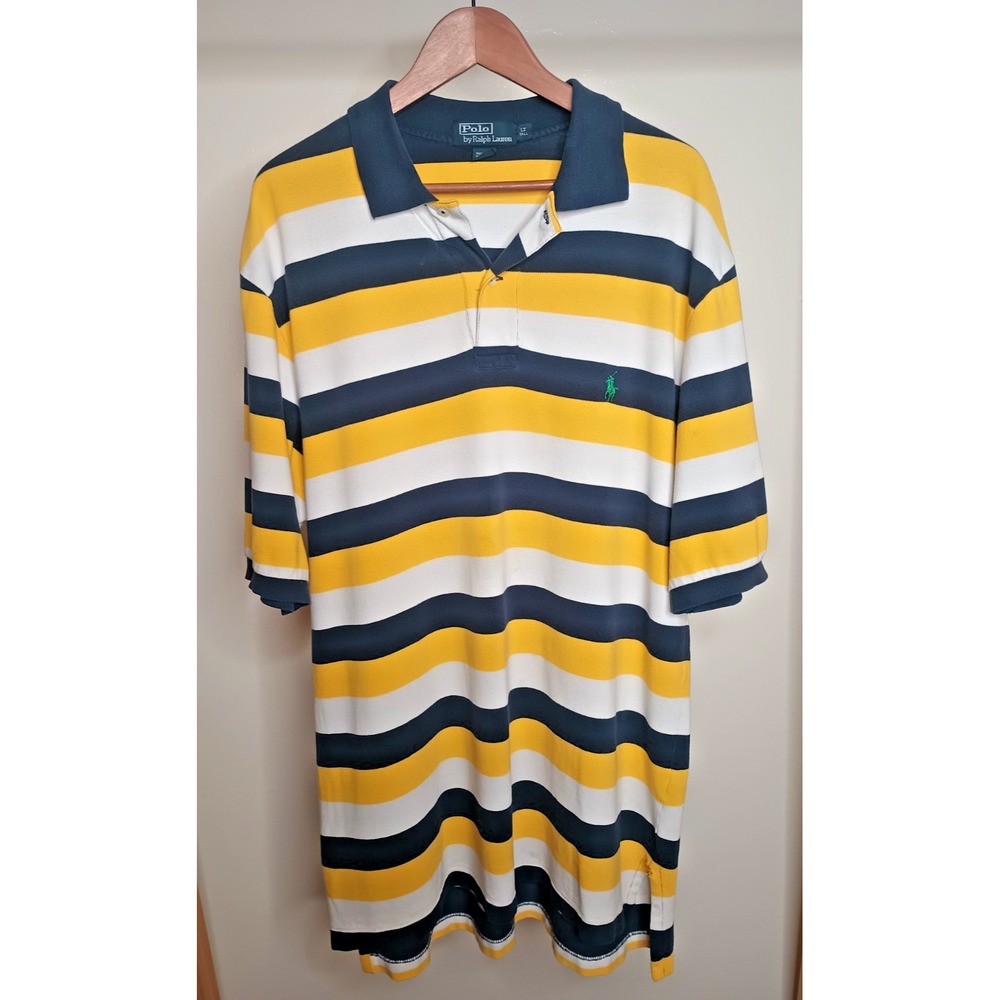 Vintage Polo Ralph Lauren Mens LT Striped Polo Shirt Y2K Blokecore Navy Yellow
